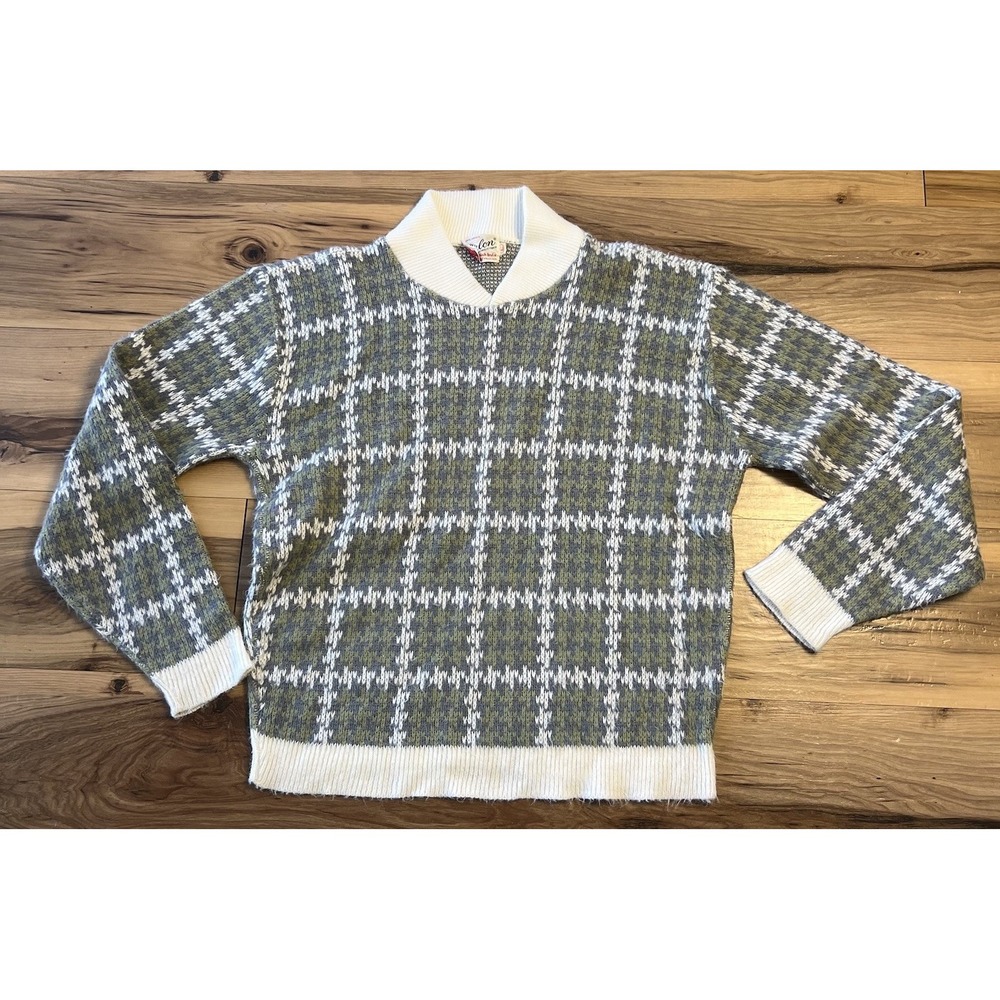 Vintage 60s Rugby Orlon Acrylic Sweater‎ L Green White Plaid Pullover Mod Retro
